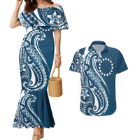 Kia Orana Cook Islands Couples Matching Mermaid Dress and Hawaiian Shirt Auika Plumeria Tropical Waves LT7 Navy Blue - Polynesian Pride
