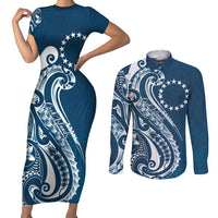 Kia Orana Cook Islands Couples Matching Short Sleeve Bodycon Dress and Long Sleeve Button Shirt Auika Plumeria Tropical Waves LT7 Navy Blue - Polynesian Pride