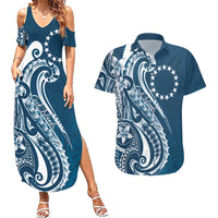 Kia Orana Cook Islands Couples Matching Summer Maxi Dress and Hawaiian Shirt Auika Plumeria Tropical Waves LT7 Navy Blue - Polynesian Pride