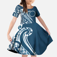 Kia Orana Cook Islands Family Matching Long Sleeve Bodycon Dress and Hawaiian Shirt Auika Plumeria Tropical Waves LT7 Daughter's Dress Navy Blue - Polynesian Pride