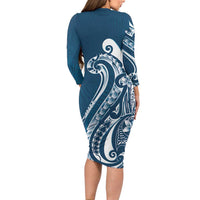 Kia Orana Cook Islands Family Matching Long Sleeve Bodycon Dress and Hawaiian Shirt Auika Plumeria Tropical Waves LT7 - Polynesian Pride