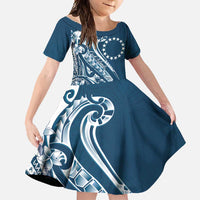Kia Orana Cook Islands Family Matching Off Shoulder Maxi Dress and Hawaiian Shirt Auika Plumeria Tropical Waves LT7 Daughter's Dress Navy Blue - Polynesian Pride