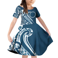 Kia Orana Cook Islands Family Matching Off Shoulder Short Dress and Hawaiian Shirt Auika Plumeria Tropical Waves LT7 Daughter's Dress Navy Blue - Polynesian Pride