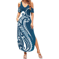 Kia Orana Cook Islands Family Matching Summer Maxi Dress and Hawaiian Shirt Auika Plumeria Tropical Waves LT7 Mom's Dress Navy Blue - Polynesian Pride