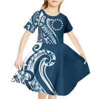 Kia Orana Cook Islands Kid Short Sleeve Dress Auika Plumeria Tropical Waves - Polynesian Pride