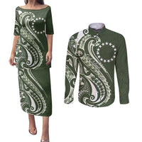 Kia Orana Cook Islands Couples Matching Puletasi and Long Sleeve Button Shirt Matie Plumeria Tropical Waves - Polynesian Pride