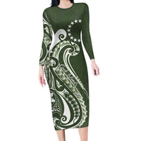 Kia Orana Cook Islands Family Matching Long Sleeve Bodycon Dress and Hawaiian Shirt Matie Plumeria Tropical Waves LT7 Mom's Dress Sage Green - Polynesian Pride