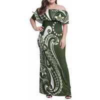Kia Orana Cook Islands Family Matching Off Shoulder Maxi Dress and Hawaiian Shirt Matie Plumeria Tropical Waves LT7 Mom's Dress Sage Green - Polynesian Pride