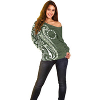 Kia Orana Cook Islands Off Shoulder Sweater Matie Plumeria Tropical Waves - Polynesian Pride