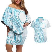 Kia Orana Cook Islands Couples Matching Off Shoulder Short Dress and Hawaiian Shirt Moana Plumeria Tropical Waves LT7 Turquoise - Polynesian Pride