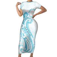 Kia Orana Cook Islands Family Matching Short Sleeve Bodycon Dress and Hawaiian Shirt Moana Plumeria Tropical Waves LT7 Mom's Dress Turquoise - Polynesian Pride