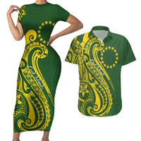 Kia Orana Cook Islands Couples Matching Short Sleeve Bodycon Dress and Hawaiian Shirt Plumeria Tropical Waves LT7 Yellow Green - Polynesian Pride