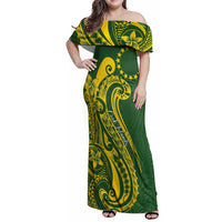 Kia Orana Cook Islands Family Matching Off Shoulder Maxi Dress and Hawaiian Shirt Plumeria Tropical Waves LT7 Mom's Dress Yellow Green - Polynesian Pride