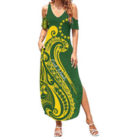 Kia Orana Cook Islands Family Matching Summer Maxi Dress and Hawaiian Shirt Plumeria Tropical Waves LT7 Mom's Dress Yellow Green - Polynesian Pride