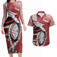 Mate Ma'a Tonga Rugby Custom Kupesi Motifs Couples Matching Long Sleeve Bodycon Dress and Hawaiian Shirt Red Waves LT7 Red - Polynesian Pride