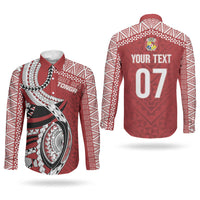 Mate Ma'a Tonga Rugby Custom Kupesi Motifs Couples Matching Off Shoulder Short Dress and Long Sleeve Button Shirt Red Waves LT7 - Polynesian Pride