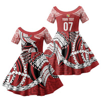 Mate Ma'a Tonga Rugby Custom Kupesi Motifs Family Matching Puletasi and Hawaiian Shirt Red Waves LT7 Daughter's Dress Red - Polynesian Pride