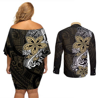 Polynesian Pride Couples Matching Off Shoulder Short Dress and Long Sleeve Button Shirts Tiare With Plumeria Mix Style LT7 - Polynesian Pride