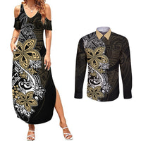 Polynesian Pride Couples Matching Summer Maxi Dress and Long Sleeve Button Shirts Tiare With Plumeria Mix Style LT7 Cream - Polynesian Pride