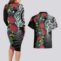 Meri Kirihimete New Zealand Couples Matching Long Sleeve Bodycon Dress and Hawaiian Shirt Tui on Pohutukawa LT7 - Polynesian Pride