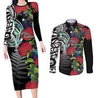 Meri Kirihimete New Zealand Couples Matching Long Sleeve Bodycon Dress and Long Sleeve Button Shirt Tui on Pohutukawa LT7 Black - Polynesian Pride