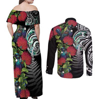 Meri Kirihimete New Zealand Couples Matching Off Shoulder Maxi Dress and Long Sleeve Button Shirt Tui on Pohutukawa LT7 - Polynesian Pride