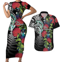 Meri Kirihimete New Zealand Couples Matching Short Sleeve Bodycon Dress and Hawaiian Shirt Tui on Pohutukawa LT7 Black - Polynesian Pride