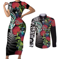 Meri Kirihimete New Zealand Couples Matching Short Sleeve Bodycon Dress and Long Sleeve Button Shirt Tui on Pohutukawa LT7 Black - Polynesian Pride