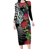 Meri Kirihimete New Zealand Family Matching Long Sleeve Bodycon Dress and Hawaiian Shirt Tui on Pohutukawa LT7 Mom's Dress Black - Polynesian Pride