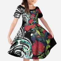 Meri Kirihimete New Zealand Family Matching Off The Shoulder Long Sleeve Dress and Hawaiian Shirt Tui on Pohutukawa LT7 Daughter's Dress Black - Polynesian Pride