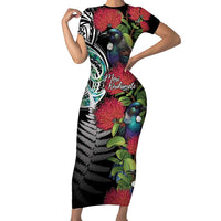 Meri Kirihimete New Zealand Family Matching Short Sleeve Bodycon Dress and Hawaiian Shirt Tui on Pohutukawa LT7 Mom's Dress Black - Polynesian Pride