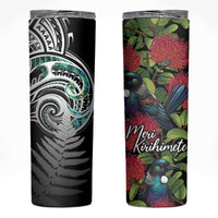 Meri Kirihimete New Zealand Skinny Tumbler Tui on Pohutukawa LT7 Black - Polynesian Pride