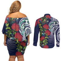 Meri Kirihimete New Zealand Couples Matching Off Shoulder Short Dress and Long Sleeve Button Shirt Tui on Pohutukawa - Blue Ver LT7 - Polynesian Pride