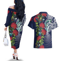 Meri Kirihimete New Zealand Couples Matching Off The Shoulder Long Sleeve Dress and Hawaiian Shirt Tui on Pohutukawa - Blue Ver LT7 - Polynesian Pride