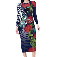 Meri Kirihimete New Zealand Family Matching Long Sleeve Bodycon Dress and Hawaiian Shirt Tui on Pohutukawa - Blue Ver LT7 Mom's Dress Blue - Polynesian Pride