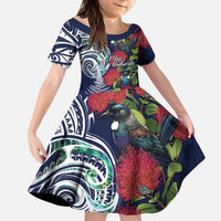 Meri Kirihimete New Zealand Kid Short Sleeve Dress Tui on Pohutukawa - Blue Ver LT7 KID Blue - Polynesian Pride