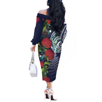 Meri Kirihimete New Zealand Off The Shoulder Long Sleeve Dress Tui on Pohutukawa - Blue Ver LT7 - Polynesian Pride