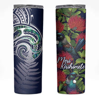 Meri Kirihimete New Zealand Skinny Tumbler Tui on Pohutukawa - Blue Ver LT7 Blue - Polynesian Pride