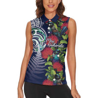 Meri Kirihimete New Zealand Women Sleeveless Polo Shirt Tui on Pohutukawa - Blue Ver
