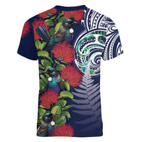 Meri Kirihimete New Zealand Women V-Neck T-Shirt Tui on Pohutukawa - Blue Ver