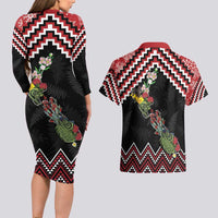 New Zealand Christmas Taniko Poutama Couples Matching Long Sleeve Bodycon Dress and Hawaiian Shirt Flora Map with Birds LT7 - Polynesian Pride
