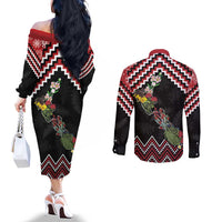 New Zealand Christmas Taniko Poutama Couples Matching Off The Shoulder Long Sleeve Dress and Long Sleeve Button Shirt Flora Map with Birds LT7 - Polynesian Pride