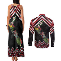 New Zealand Christmas Taniko Poutama Couples Matching Tank Maxi Dress and Long Sleeve Button Shirt Flora Map with Birds LT7 - Polynesian Pride