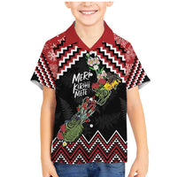 New Zealand Christmas Taniko Poutama Family Matching Mermaid Dress and Hawaiian Shirt Flora Map with Birds LT7 Son's Shirt Red - Polynesian Pride
