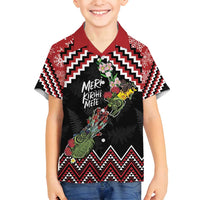 New Zealand Christmas Taniko Poutama Family Matching Summer Maxi Dress and Hawaiian Shirt Flora Map with Birds LT7 Son's Shirt Red - Polynesian Pride