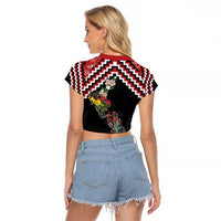 New Zealand Christmas Taniko Poutama Raglan Cropped T Shirt Flora Map with Birds - Polynesian Pride
