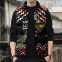 New Zealand Christmas Taniko Poutama Sleeveless Puffer Jacket Flora Map with Birds - Polynesian Pride