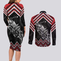 New Zealand Christmas Taniko Poutama Couples Matching Long Sleeve Bodycon Dress and Long Sleeve Button Shirt Mountainscape Maori Fern LT7 - Polynesian Pride