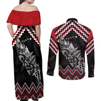 New Zealand Christmas Taniko Poutama Couples Matching Off Shoulder Maxi Dress and Long Sleeve Button Shirt Mountainscape Maori Fern LT7 - Polynesian Pride
