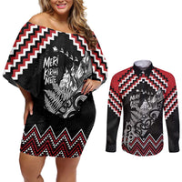 New Zealand Christmas Taniko Poutama Couples Matching Off Shoulder Short Dress and Long Sleeve Button Shirt Mountainscape Maori Fern LT7 Black - Polynesian Pride